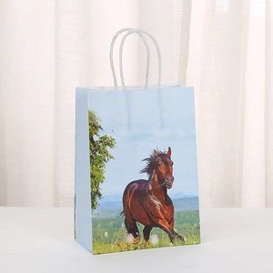 Vertical kraft paper gift bag featuring a brown galloping horse print with paper rope handles