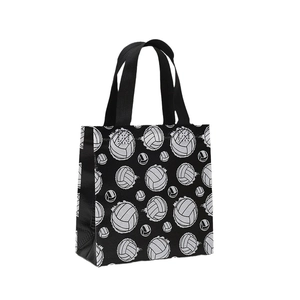 Reusable non-woven tote bag with volleyball print and wide black carrying handles