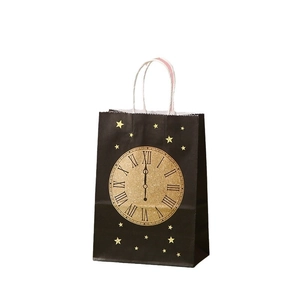 Black Father's Day paper gift bag with golden clock and star prints and white rope handles