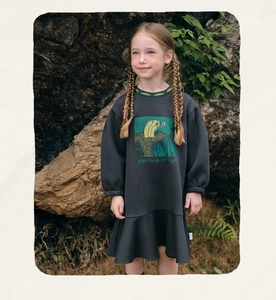 Detail of grey long sleeve girl dress with owl print and green scalloped neckline