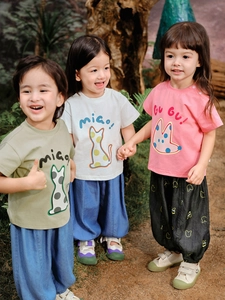 Kids Casual Cotton Blend Short Sleeve T Shirt Cartoon Cat Print Round Neck Soft Breathable Tee For Toddlers Boys Girls