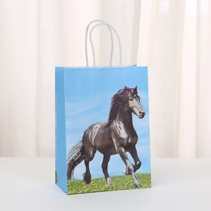 Blue horse racing gift bag with running stallion print and white twisted handles