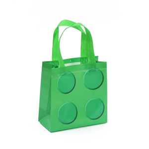 Vibrant green non-woven shopping bag featuring embossed 2x2 building block design dots