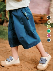 Kids loose dark blue wide-leg shorts with elastic waist and stylish woven label