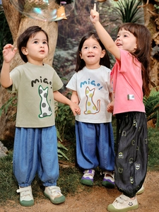 Kids summer cotton T-shirts with cartoon cat print and casual loose pants set