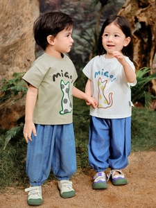 Kids summer casual cartoon cat print loose cotton T-shirt and joggers set outdoors
