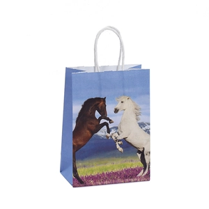 Horse printed derby paper gift bag with white twisted handles and mountain scenery