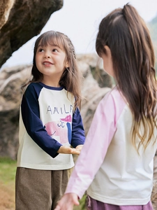 Girls Raglan Long Sleeve T-Shirt Cotton Blend Contrast Color Cartoon Animal Print Round Neck Casual Pullover Top For Kids
