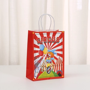 Bolsa de regalo de papel kraft con tema de circo rojo y blanco con ilustración de payaso