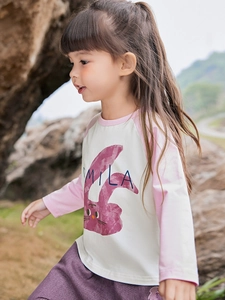 Kids long sleeve raglan T-shirt featuring pink sleeves and cute purple cartoon rabbit print