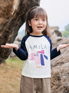 Girls' cotton raglan long-sleeve T-shirt with cute pink cartoon dog and color block design