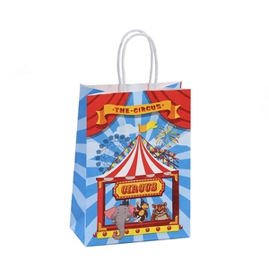 Bolsa de regalo de papel kraft con tema de circo y motivos animales con asas blancas