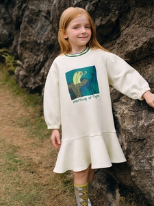 Girl's cream cotton dress with owl print and ruffled hem for 2024 autumn fashion