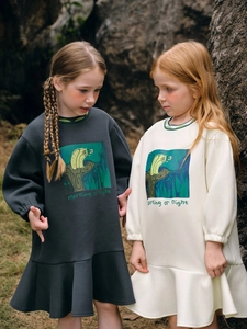Girls' soft cotton sweatshirt dresses with cute owl prints and ruffled fishtail hems