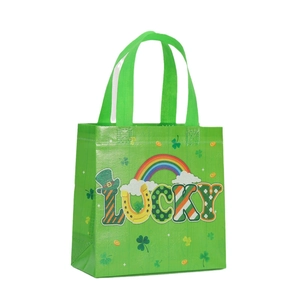Green St. Patrick's Day non-woven gift bag with Lucky rainbow and shamrock pattern