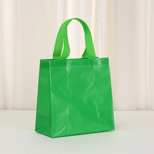 Green non-woven gift bag with reinforced handles and waterproof textured surface
