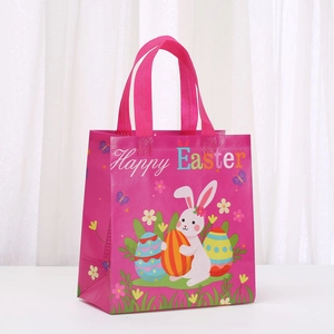 Easter non-woven gift bag featuring a cute white rabbit and Happy Easter greetings
