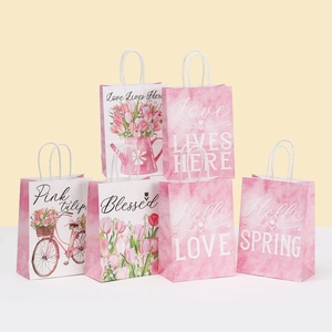 Pastoral Tulip Kraft Paper Gift Bag Fresh Pink Floral Handbag For Spring Birthday Wedding Party Favors Packaging Tote Bag
