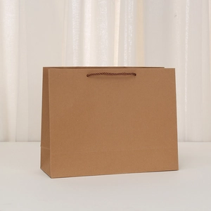Vertical kraft paper gift bag with matching woven rope handles and side gusset detail