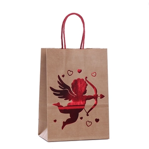 Sac cadeau en kraft marron avec Cupidon rouge métallisé et motifs de cœurs