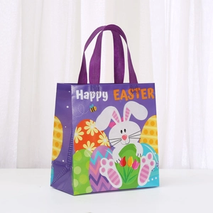 Detail of waterproof purple Easter tote bag with rabbit and colorful egg illustrations