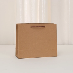 Minimalist brown kraft paper gift bag with dark brown twisted rope handles for shopping