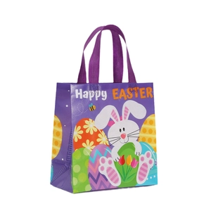 Purple Happy Easter non-woven gift bag with cute cartoon bunny and floral egg patterns
