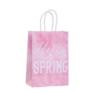 Pink marble texture paper gift bag with Hello Spring floral design and white rope handles
