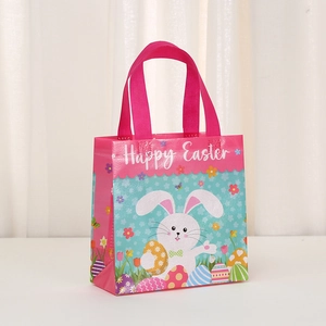 Easter non-woven gift bag with Happy Easter print, rabbit pattern and pink handles
