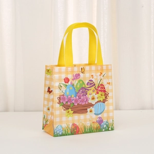 Easter non-woven tote bag with cute bunny and floral print on yellow checkered background