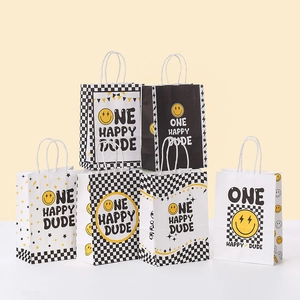 One Happy Dude Kraft Paper Gift Bag Smiley Face Checkerboard Party Favor Handbag For Kids Birthday Celebration Trendy Packaging