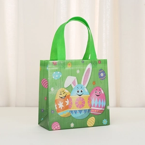Vibrant green non-woven Easter gift bag featuring rabbit and egg patterns with handles