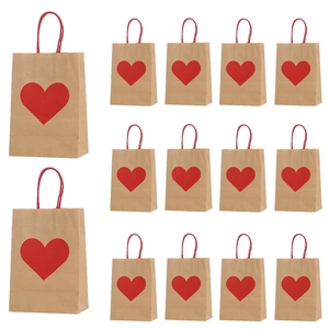 Set of 14 brown kraft paper gift bags with red heart patterns for Valentine's Day