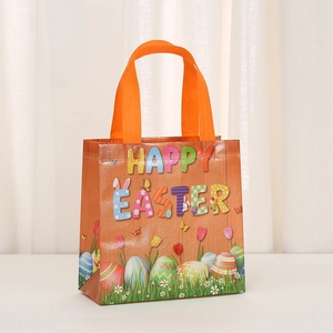 Close-up of Happy Easter non-woven gift bag featuring colorful eggs and tulips