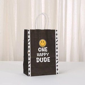 Detail of One Happy Dude black gift bag with yellow lightning smiley face print