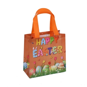 Easter non-woven gift bag with Happy Easter print, rabbit ears and floral egg patterns