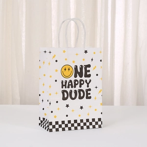 Close-up of One Happy Dude gift bag featuring a yellow smiley face and checkerboard pattern