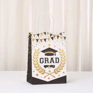 Minimalist white graduation gift bag with black base and golden GRAD letter graphics