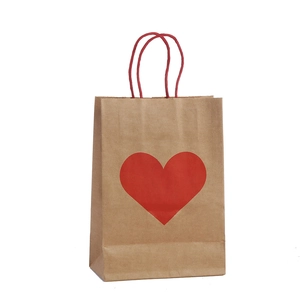 Brown kraft paper gift bag with red heart print and matching handles for Valentine gift