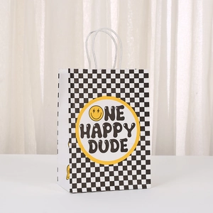 Checkerboard paper gift bag with yellow smiley face and One Happy Dude text design