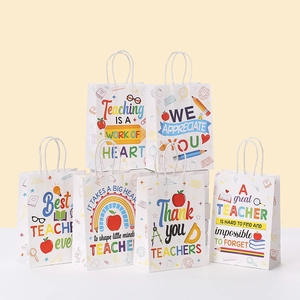 Set of 6 cartoon teacher appreciation gift bags with colorful school patterns and handles