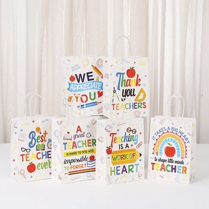 Set of 6 teacher appreciation gift bags with diverse school motifs and colorful handles