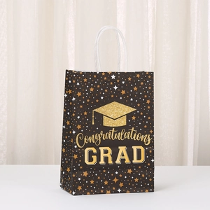 Black graduation paper gift bag with golden stars and Congratulations GRAD text
