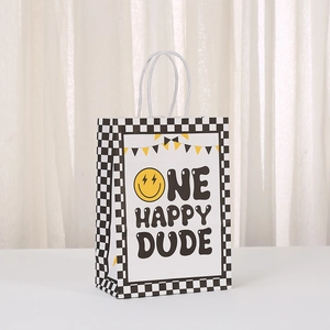 Yellow smiley face kraft paper gift bag with checkerboard pattern and white rope handle