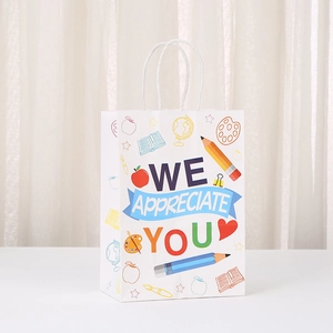 Teachers Day gift bag with We Appreciate You slogan and colorful school illustrations