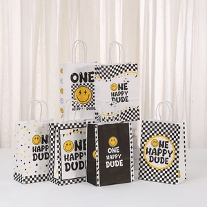 Smiley face kraft paper gift bags with checkered patterns and One Happy Dude printing