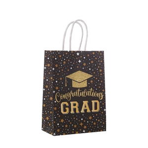 Minimalist black Kraft gift bag with gold graduation cap and Congratulations GRAD text