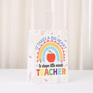 Laminated non-woven Teacher's Day gift bag with rainbow apple design and white handles