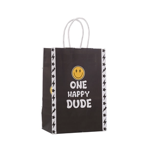 One Happy Dude yellow smiley face gift bag with black finish and white rope handles