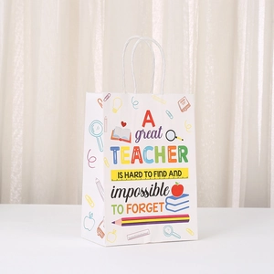 Cartoon teacher appreciation gift paper bag with creative prints and white rope handles